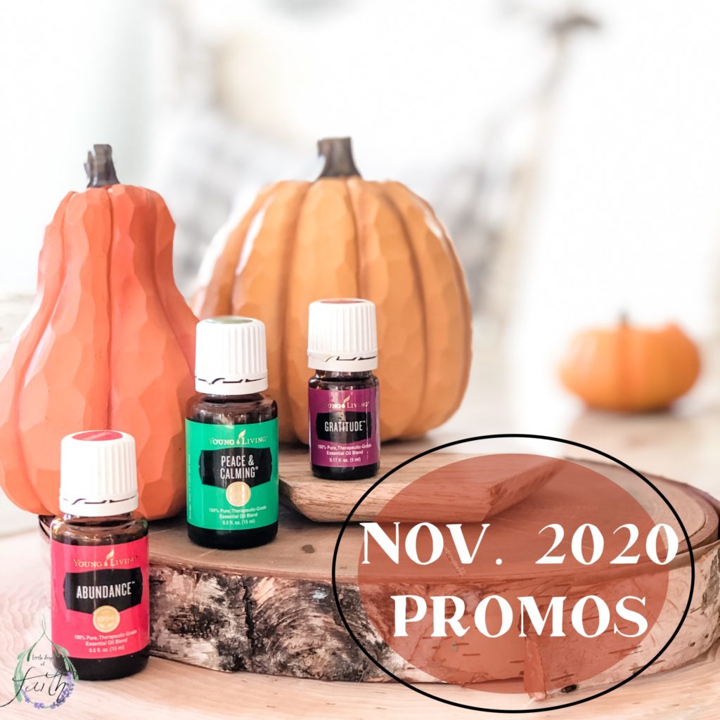 Young Living essential oils Abundance, Peace & Calming, and Gratitude on a stack of wood slices with a orange tall pumpkin and shorter orangish yellow pumpkin fading out into a background of white. 