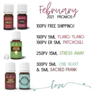 February Young Living Promos includes Sacred Frankincense, One Heart, Stress Away, Ylang Ylang and Patchouli